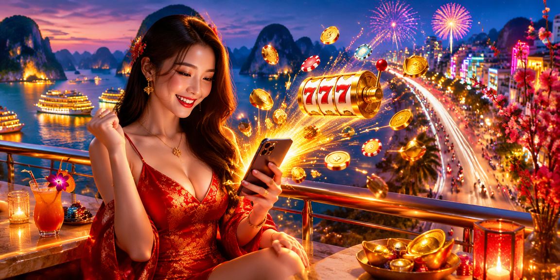 Vịnh Hạ Long với ánh neon minh họa trò slots và giải tích lũy